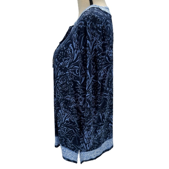 JM Collection 3/4 Sleeve Lace Up Neck Floral Print Blouse - Blue - size Medium - Picture 4 of 10